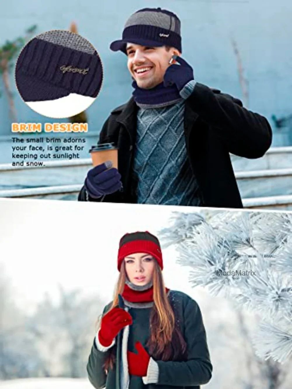 Winter Hat Scarf Gloves Set, 12 Pieces, Touch Screen Mittens, Acrylic Knit, Men